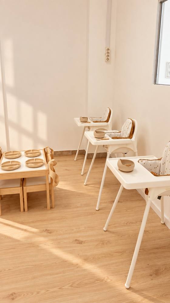 Zona de comidas con tronas y mesitas a su altura